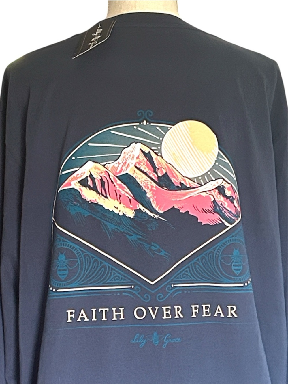 Lily Grace "Faith Over Fear" long sleeve navy t-shirt 100% soft cotton NWT XL